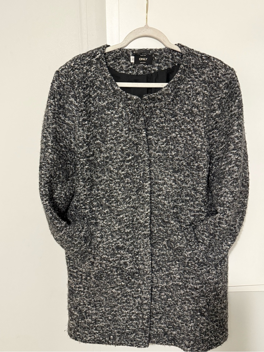 230. ONLY Black & White Bouclé Open-Front Cardigan Coat Neutral Wool Blend